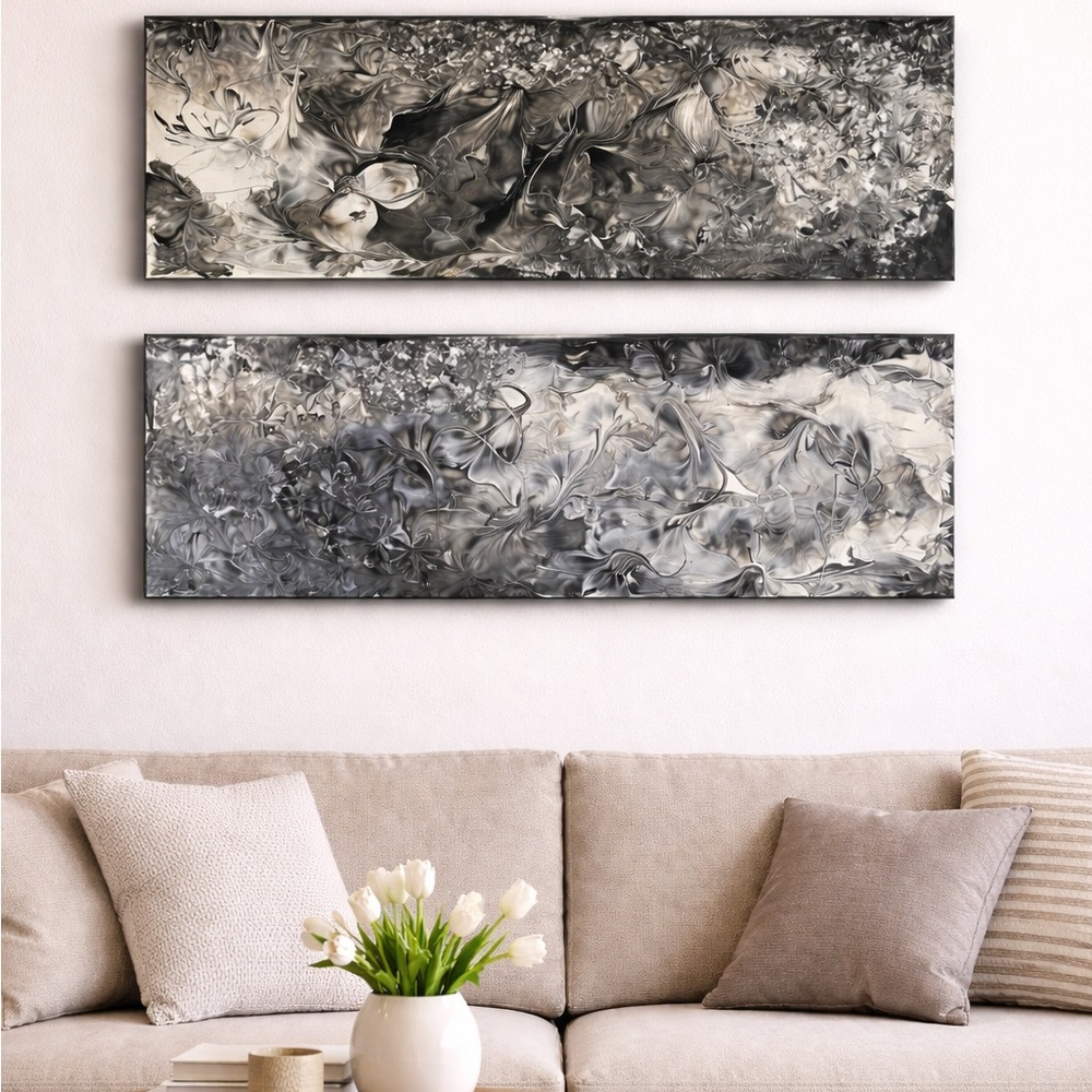 Set Of 2 Fluid Acrylic Paintings 24x8 Diptych Canvas Wall Art Black White Gray